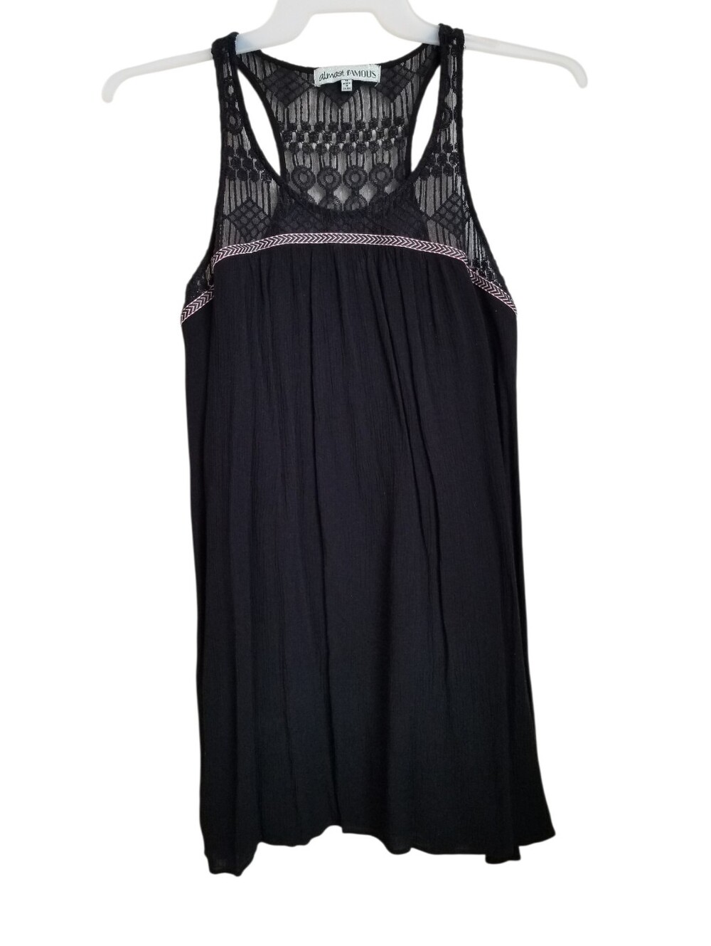 Almost Famous Tunic Dress Medium Black Lace Collar Aztec Print Flowy Sun